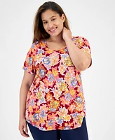 Jm Collection Plus Size Glorious Garden Scoop-Neck Top, Created for Macy's