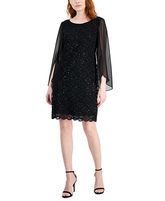 Connected Petite Round-Neck Long-Cape-Sleeve Lace Dress