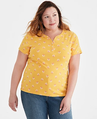 Style & Co Plus Printed Short-Sleeve Henley Top, Created for Macy's