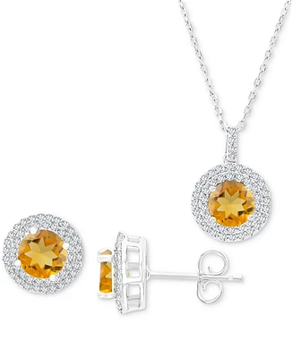 2-Pc. Set Citrine (2-5/8 ct. t.w.) & Lab-Grown White Sapphire (1 ct. t.w.) Halo Pendant Necklace & Matching Stud Earrings in Sterling Silver