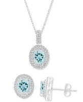 2-Pc. Set Aquamarine (2-3/4 ct. t.w.) & Lab-Grown White Sapphire (1-1/10 ct. t.w.) Oval Halo Pendant Necklace & Matching Stud Earrings in Sterling Sil