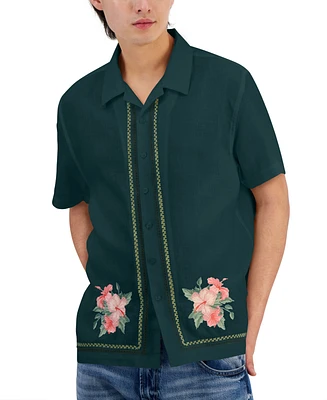 Guess Men's Linen Embroidered Floral Shirt