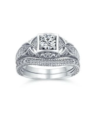 Bling Jewelry Deco Style Milgrain 1CTW Cubic Zirconia Promise Ring Set Sterling Silver