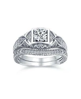 Bling Jewelry Deco Style Milgrain 1CTW Cubic Zirconia Promise Ring Set Sterling Silver
