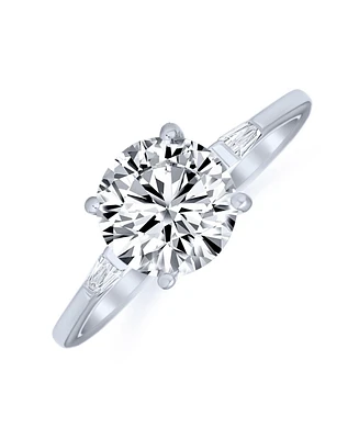 Bling Jewelry Classic Timeless Simple 3CT Round Cz Brilliant Cut Round Solitaire Engagement Ring For Women Baguette Side Stones Thin Band Sterling Sil