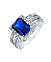 Bling Jewelry Art Deco Style 3CT Rectangle Cz Royal Blue Emerald Cut Halo Engagement Ring For Women Wide Band Sterling Silver