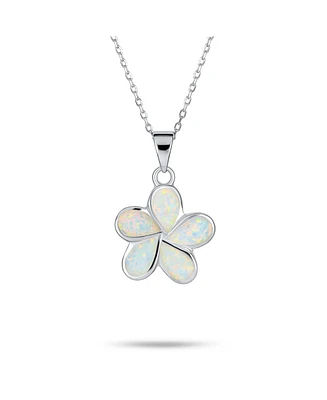 White Created Opal Hawaiian Flower Plumeria Necklace Pendant For Women Girlfriend .925 Sterling Silver October Birthstone