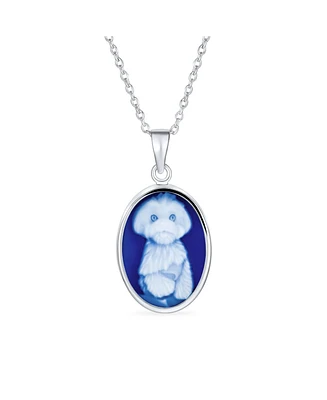 Fluffy Puppy Dog Portrait Blue White Cameo Pendant Necklace For Women Teen .925 Sterling Silver