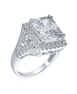 Bling Jewelry Art Deco Estate Style Big 7 Ctw Cocktail Ring Aaa Cz Rectangle Radiant Brilliant Emerald Cut Statement Engagement Ring Side Stone Sterli