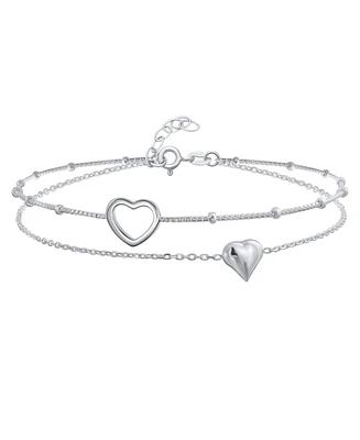 Romantic Love 2 in 1 Set Double Chain & Ball Two Hearts Anklet Ankle Bracelet For Women Teens .925 Sterling Silver Adjustable 9 To 10 Inch
