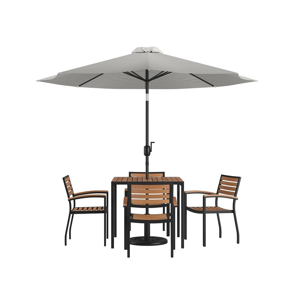 Hampstead Seven Piece Faux Teak Patio Dining Set Includes Table, Four Club Chairs, 9' Umbrella And Base