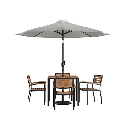 Hampstead Seven Piece Faux Teak Patio Dining Set Includes Table, Four Club Chairs, 9' Umbrella And Base