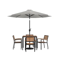 Hampstead Seven Piece Faux Teak Patio Dining Set Includes Table, Four Club Chairs, 9' Umbrella And Base