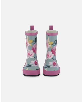 Deux par Deux Little Girls Rain Boots Printed Watercolor Roses