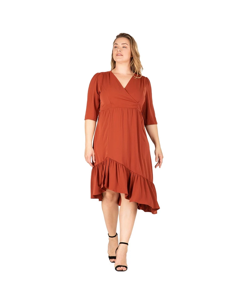 Women's Plus-size Ruched Sleeve Ruffle Hem Midi Dress