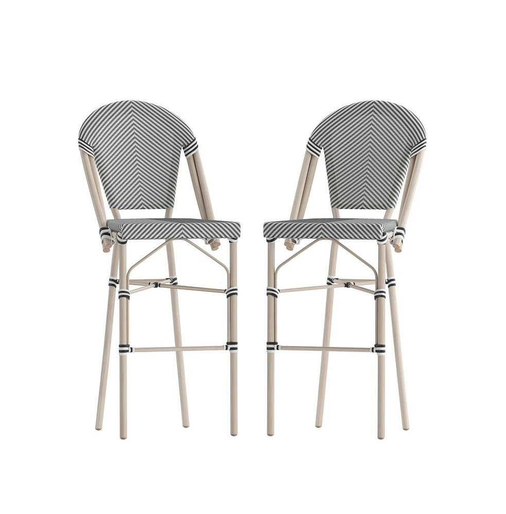 Merrick Lane Mael Set Of Two Stacking Bistro Style Bar Stools With Textilene Backs And Seats Metal Frames For Indoor/Outdoor Use