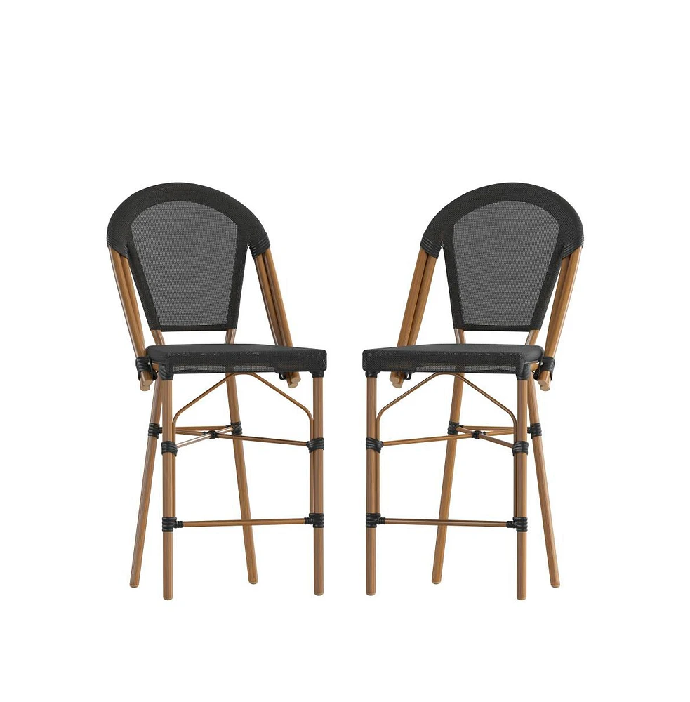 Merrick Lane Mael Set Of Two Stacking French Bistro Style Counter Stools With Textilene Backs And Seats And Metal Frames For Indoor/Outdoor Use