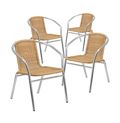 Emma+Oliver 4 Pack Aluminum And Rattan Commercial Indoor-Outdoor Restaurant Stack Chair