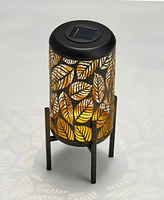 Glitzhome 14.25" H Black and Gold-Tone Metal Cutout Leaves Pattern Solar Powered Led Outdoor Lantern with Stand