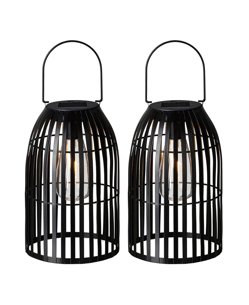 Glitzhome 9.75" H Set of 2 Metal Stripes Solar Powered Edison Bulb Outdoor Hanging Lantern