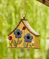 Glitzhome 10.5" H Washed Distressed Solid Wood Two-Story Townhouse Garden Birdhouse with 3D Flowers