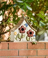 Glitzhome 10.5" H Washed Distressed Solid Wood Two-Story Townhouse Garden Birdhouse with 3D Flowers