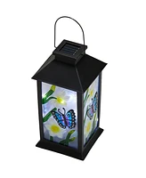 Glitzhome 11" H Set of 2 Stylish Textured Glass with Butterfly and Flower Pattern Solar Powered Hanging Lantern