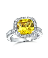 Bling Jewelry Classic Timeless 6CT Cz Yellow Halo Square Cushion Cut Statement Engagement Ring For Women Cubic Zirconia Pave Band Sterling Silver