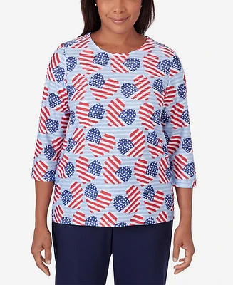 Alfred Dunner Women's All American Flag Hearts Three Quarter Sleeve Shirt