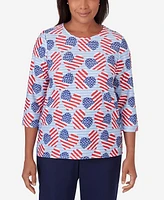 Alfred Dunner Women's All American Flag Hearts Three Quarter Sleeve Shirt