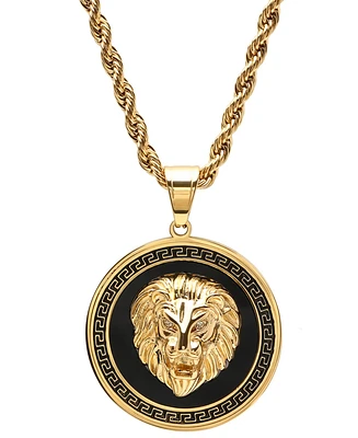 Steeltime Men's Two-Tone Stainless Steel Simulated Diamond Lion Head On Greek Key Mount 24" Pendant Necklace