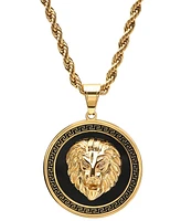 Steeltime Men's Two-Tone Stainless Steel Simulated Diamond Lion Head On Greek Key Mount 24" Pendant Necklace