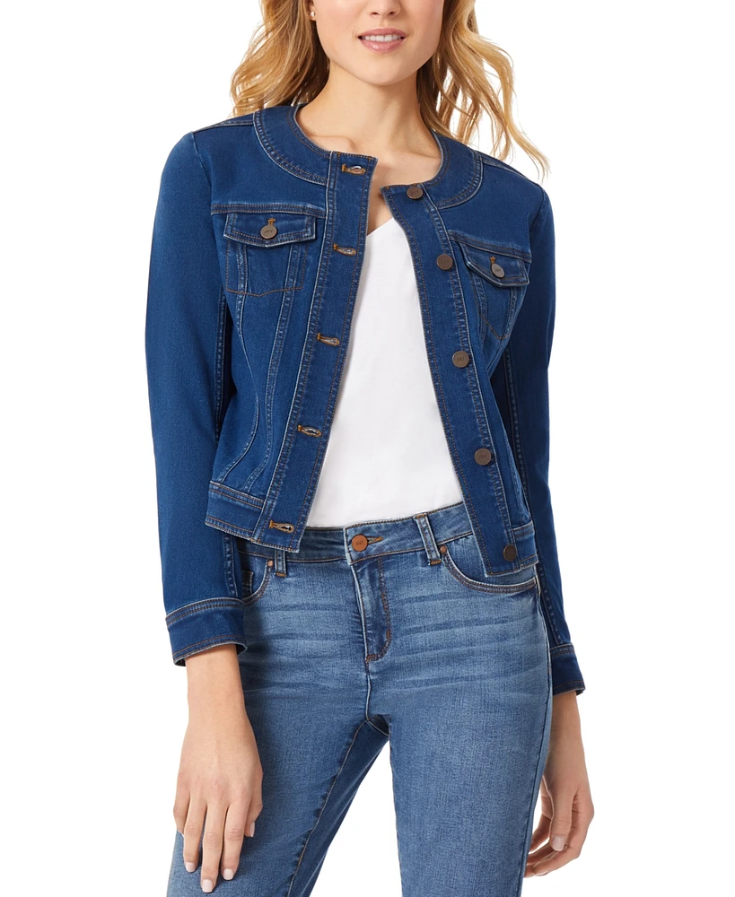 Jones New York Petite No-Collar Relaxed-Fit Denim Jacket