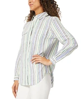 Jones New York Women's Striped Button-Up Tunic Linen Top