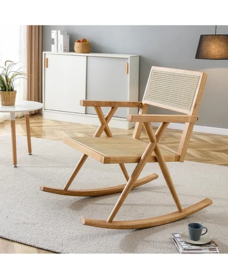 Simplie Fun Solid Wood+Imitation Rattan Rocking Chair Allows You To Relax Quietly Indoors And Outdoors, Enhancing Your Sense Of Relaxation, Suitable F