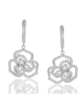 Suzy Levian Sterling Silver Cubic Zirconia Open Wild Flower Dangle Earrings