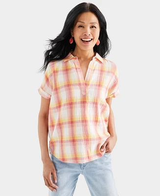 Style & Co Petite Plaid Pull Over Camp Shirt, Created for Macy's