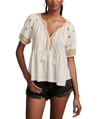 Lucky Brand Women's Cotton Embroidered Babydoll Top