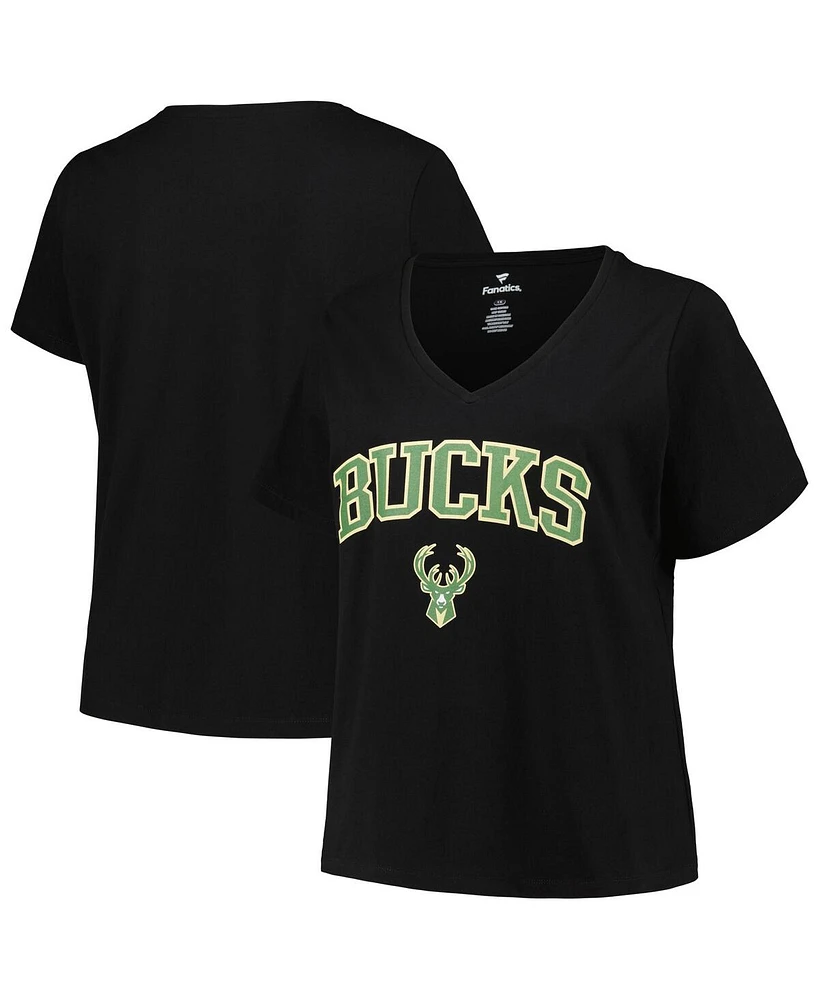 Women's Profile Black Milwaukee Bucks Plus Arch Over Logo V-Neck T-shirt