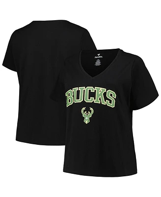 Women's Profile Black Milwaukee Bucks Plus Size Arch Over Logo V-Neck T-shirt