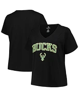 Women's Profile Black Milwaukee Bucks Plus Arch Over Logo V-Neck T-shirt