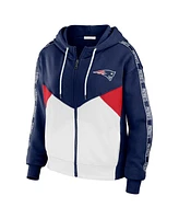 Women's Wear by Erin Andrews Navy, White New England Patriots Color Block Light Weight Modest Crop Full-Zip Hoodie