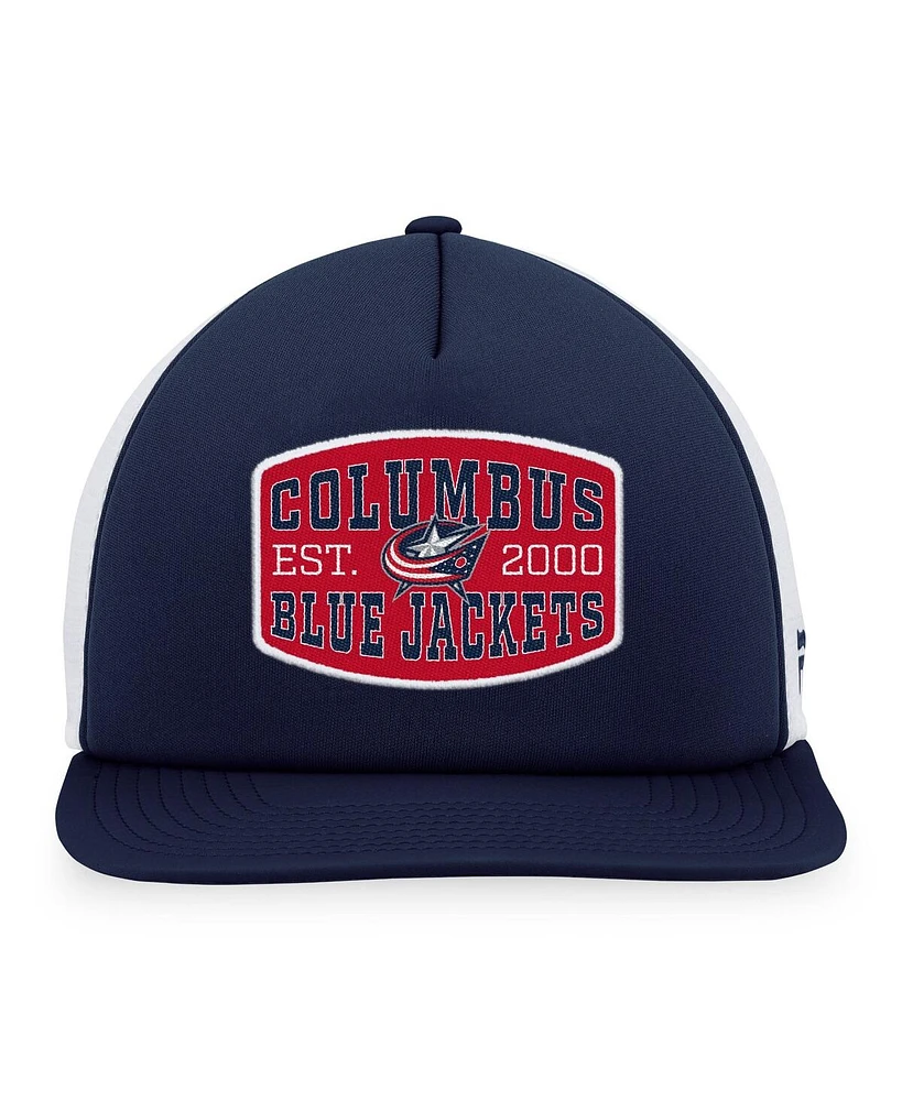 Men's Fanatics Navy, White Columbus Blue Jackets Foam Front Patch Trucker Snapback Hat