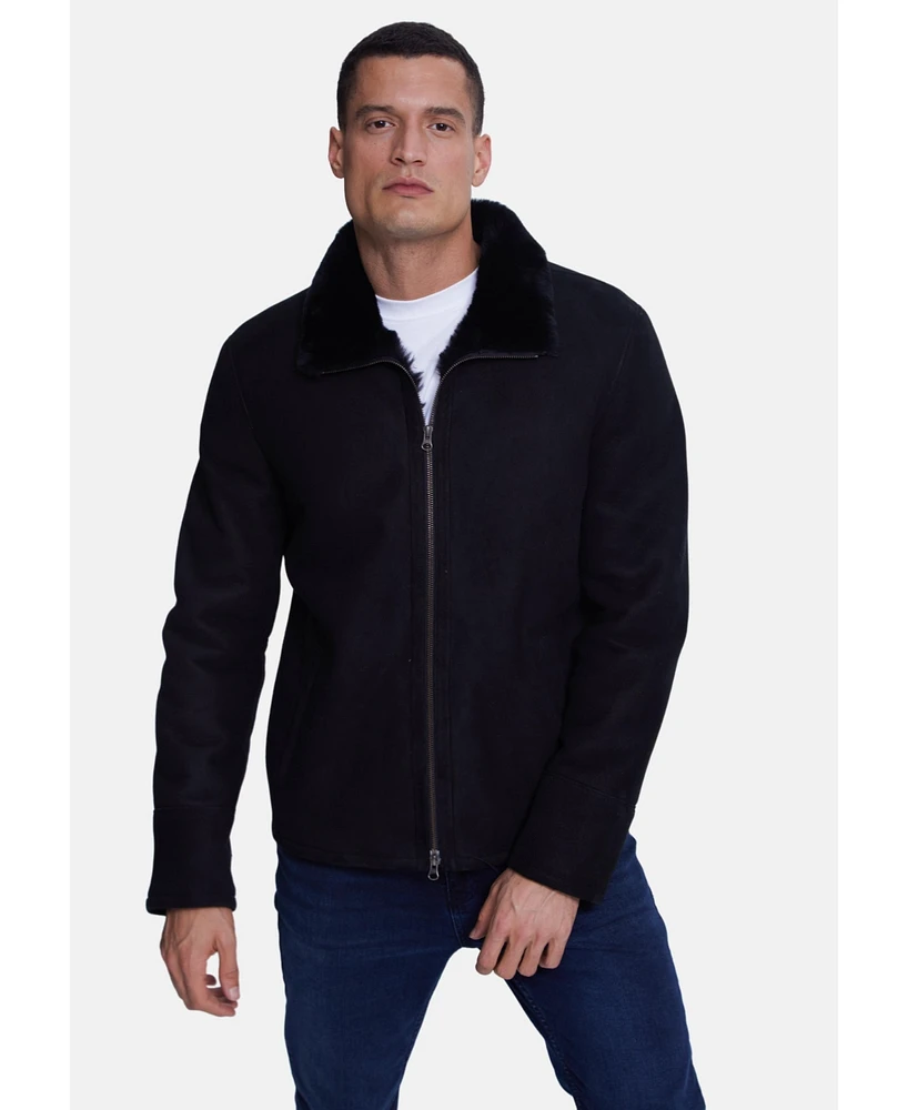 Furniq Uk Men's Shearling Casual Jacket, Black Suede with Black Wool