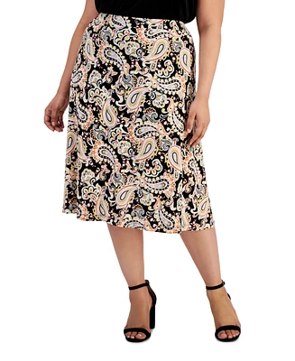 Kasper Plus Paisley-Print Pull-On Midi Skirt