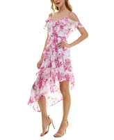 Bcx Juniors' Floral Jacquard Print Asymmetric Ruffled Dress