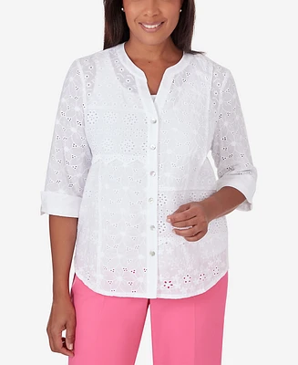 Alfred Dunner Petite Paradise Island Button Front Eyelet Top