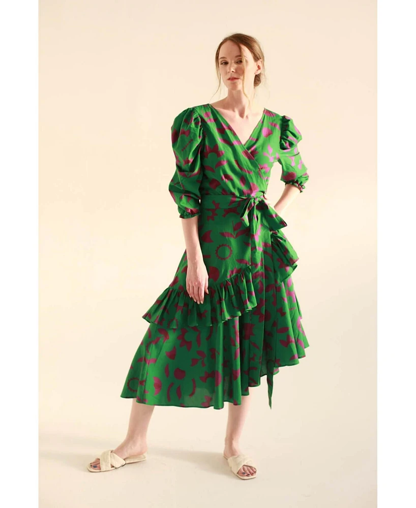 Jessie Zhao New York Green Garden Cotton Silk Wrap Dress