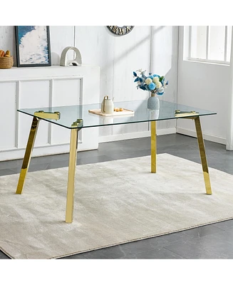 Simplie Fun Rectangular Glass Dining Table, Golden Legs