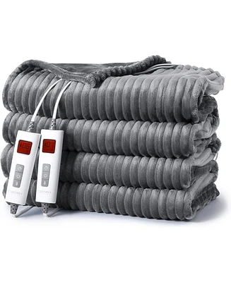 Queen Ribbed Stripe Flannel Electric Heated Blanket with Dual Control, 84" x 90"
